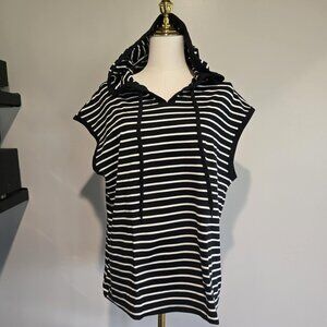 Black White Stripe Hooded Beach Coverup Lightweight Coastal Womens Med Large
